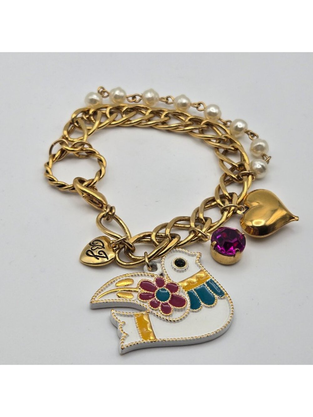 Betsey Johnson Gold Charm Bracelet Enamel Bird Heart Pearl Gemstones